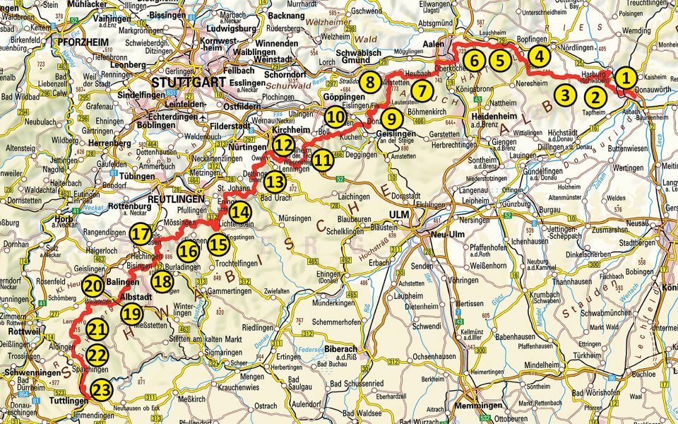 Karte mit der Etappeneinteilung des HW1 Schwäbische Alb Nordrand-Weg Albsteig